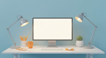 Fototapete - Minimalist Workspace with Blank Monitor, Desk Lamps, and Modern Office Accessories for Remote Work or Creative Design