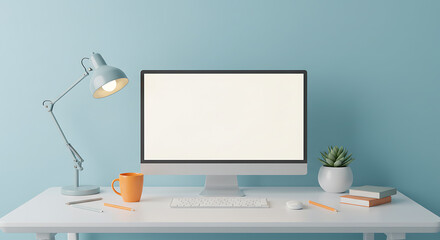 Fototapete - Minimalist Workspace Computer Setup on White Desk against Soft Blue Wall