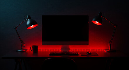 Fototapete - Illuminated Workspace Minimalist Setup with Red Lighting Accents Creating a Modern Ambiance