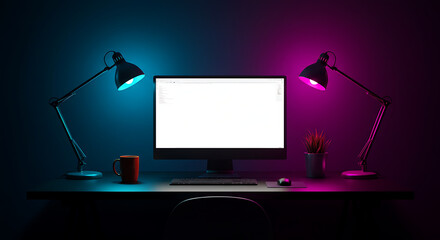 Fototapete - Modern Workspace Setup with Blank Screen Monitor and Neon Lighting for Graphic Design or Home Office Environment