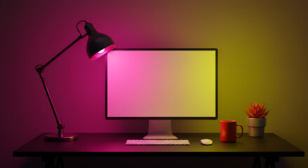 Fototapete - Illuminated Workspace Computer with Blank Screen on Desk with Lamp and Warm Colors