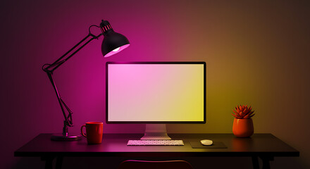 Fototapete - Illuminated Desk Setup Blank Monitor with Adjustable Lamp in Creative Workspace