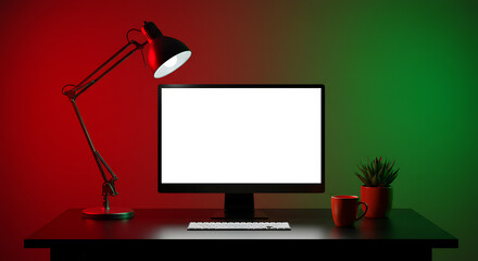 Fototapete - Illuminated Workspace Desktop with Monitor, Lamp, and Green-Red Lighting Accentuates Modern Office Setup