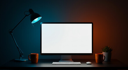 Fototapete - Modern workspace with computer setup for creative projects, featuring sleek monitor and ambient lighting.