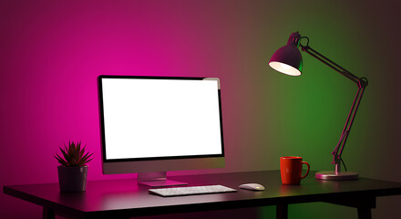 Fototapete - Modern Workspace with Computer and Lamp A Minimalist Design for Productivity and Creativity