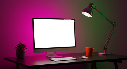 Fototapete - Modern Workspace Computer Setup with Desk Lamp, Plant, and Coffee Mug for Productivity and Creative Work