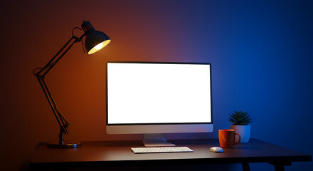 Fototapete - Illuminated workspace showcasing a desktop computer with a blank white screen for creative mockups and product promotion.