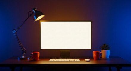 Fototapete - Modern Workplace Desktop Setup with Monitor, Lamp, and Vibrant Lighting for Productivity and Creativity