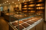 Luxurious Artisan Chocolate Shop Interior with Gourmet Selection Displayed in Glass Counters Under Warm Lighting for Indulgent Shopping Experience