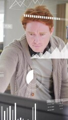 Poster - Animation of graphs, loading bars and circles over diverse coworkers discussing reports on computer