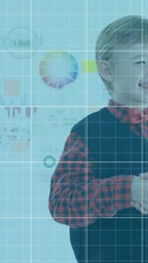 Poster - Animation of falling graphs and grid pattern over diverse boys shaking hands