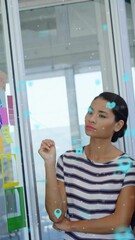 Poster - Animation of connected icons over diverse coworkers discussing strategy on sticky notes