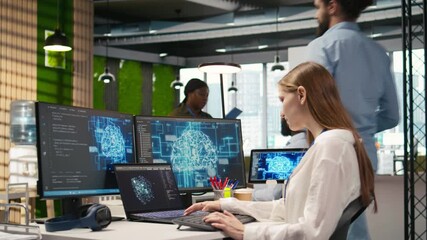Poster - IT expert in high tech startup office uses neural networks to develop artificial intelligence models. Female engineer uses AI to run tasks across devices, monitoring progress on screens, camera A