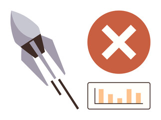 Poster - Rocket moving sideways beside a red cross and declining graph indicating failure. Ideal for failure, risk, decline, analysis, setback, troubleshooting, strategy. Simple flat metaphor