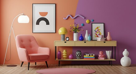 Poster - A modern living room interior with colorful walls, furniture, and decorative items.