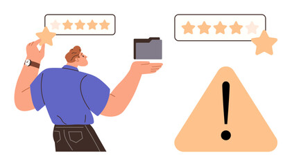 Poster - Man placing star on rating bar, holding folder. Alert symbol with exclamation mark. Ideal for feedback, reviews, customer satisfaction, quality control, rating systems alerts evaluation. Simple