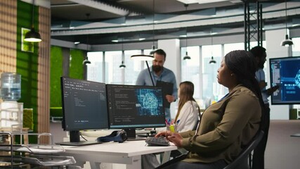 Poster - Female admin using AI neural networks tech on computer to optimize performance and forecast issues. Woman in office training artificial intelligence deep learning models using PC, camera A