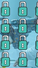 Poster - Animation of padlock icons and world map over caucasian male scientist in lab