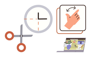 Poster - Scissors, clock with dashed circle, touchscreen hand gesture, laptop with task cards. Ideal for productivity, time tracking, editing, teamwork planning efficiency minimal design. A simple flat