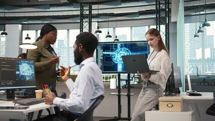 Poster - Junior developer utilizing artificial intelligence to optimize performance and forecast issues. Young female engineer in office training machine learning models, camera A