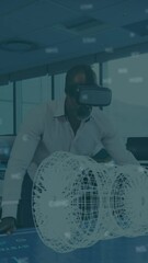 Poster - Animation of medical icons over african american businessman using vr headset