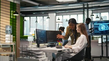 Poster - Pleased supervisor recognizing junior dev achievements at work, fostering positive office culture. Cheerful african american manager praising code written by female engineer, doing high five, camera A