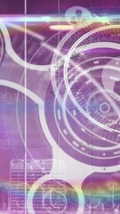 Poster - Animation of flare, digital circles with globe, profile icons and binary code over city