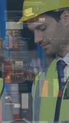 Poster - Animation of statistics and financial data processing over man and woman working in warehouse