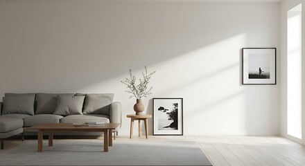 Poster - A minimalist living room interior with a sofa, art, and sunlight.