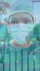 Poster - Animation of financial data processing over diverse doctors and cityscape