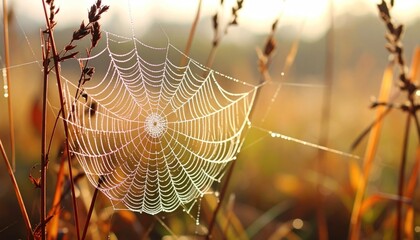 Delicate gossamer of a dew-kissed spiderweb glistening in the morning light