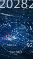 Poster - Animation of circles, changing numbers over aerial view of modern city with vehicles on street
