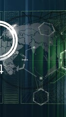 Poster - Animation of interface with data processing over spinning globe against computer server room