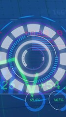 Poster - Animation of round scanner over statistical and stock market data processing against cityscape
