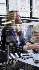 Poster - Animation of graphs, changing numbers, bars and circles, diverse female coworkers discussing reports