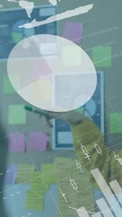 Poster - Animation of infographic interface, caucasian woman explaining reports, cropped hand recording video