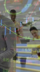 Poster - Animation of stock market data processing over diverse colleagues reading documents at office