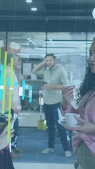 Poster - Animation of statistical data processing over diverse man and woman with coffee discussing at office