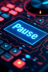 Poster - A futuristic control panel glows with vibrant red and blue accents, vertical composition. The illuminated Pause button commands attention, suggesting a moment of controlled interruption.
