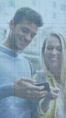 Poster - Animation of data processing over caucasian couple using smarphone