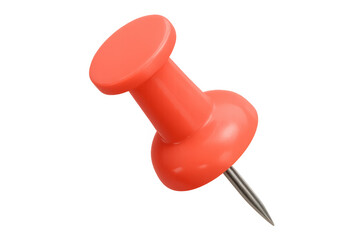Poster - Red plastic push pin standing vertically against transparent background, highlighting sharp point and glossy surface for design projects