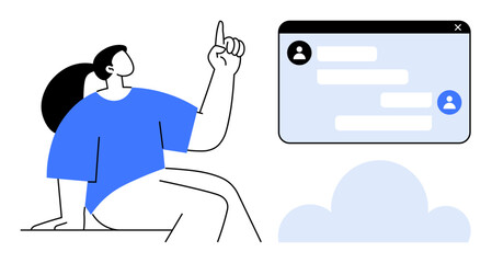 Poster - Woman gesturing upward, chat window with profile icons and text, simplistic cloud shape. Ideal for communication, collaboration, messaging, tech, tutorials, online tools simple landing page