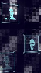 Poster - Animation of data processing with people portraits over glowing squares on black background