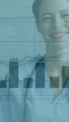Poster - Medical data charts animation over smiling healthcare professional in hospital