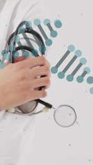 Poster - DNA strand animation over person holding stethoscope in medical setting