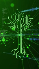 Poster - Tree-shaped circuit board with glowing green nodes, data processing animation