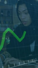 Poster - Analyzing financial data, women in office with stock market animation over them