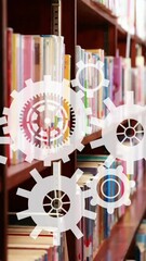 Poster - Gears and cogs animation over person reading book in library