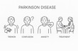 © NoblePix - Parkinson Disease Symptoms and Treatment Line Icon Set – Minimal Medical Vector with Motor, Cognitive, Emotional and Therapy Elements