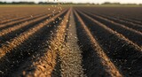 Seeds falling into furrows of plowed field during planting season at sunset in agricultural landscape
